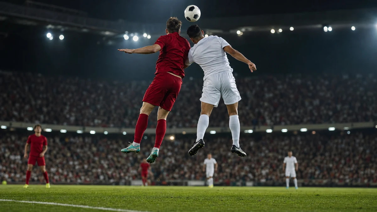 Två spelare i en luftduell om bollen under strålkastarljus i en portugisisk kvällsmatch