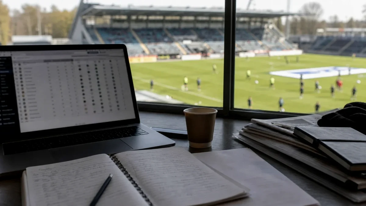 Fotbollsarena med strålkastare inför TV-sänd match
